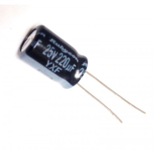 Condensatore Elettrolitico Radiale 220uF 25V 105°C dim. 8x13mm Rubycon