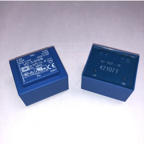 Trasformatore 5VA Primario 230V 50-60Hz Secondario 2 X 6V-0,4AT 44 X 37 X 32 mm.